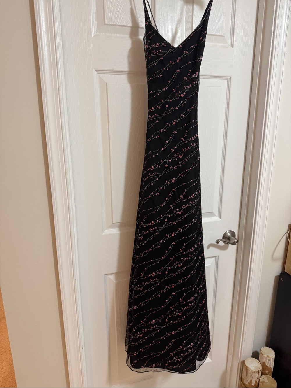 Adrianna Papell Black Maxi Slip Dress with Pink Floral Vine Print